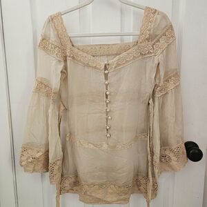 Elegant Lace Trimmed Beige Blouse